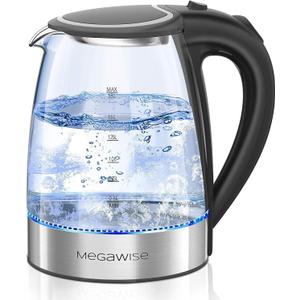 Megawise Electric Glass Kettle with Auto Shut-Off, 1.8L Capacity, 1000W Fast Boil, BPA-Free, Stainless Steel Inner Lid & Base, Blue LED Indicator, Easy Clean, Cord Storage