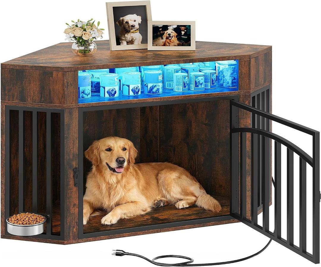 YITAHOME 52" Corner Dog Crate Furniture with LED Light & Power Outlets