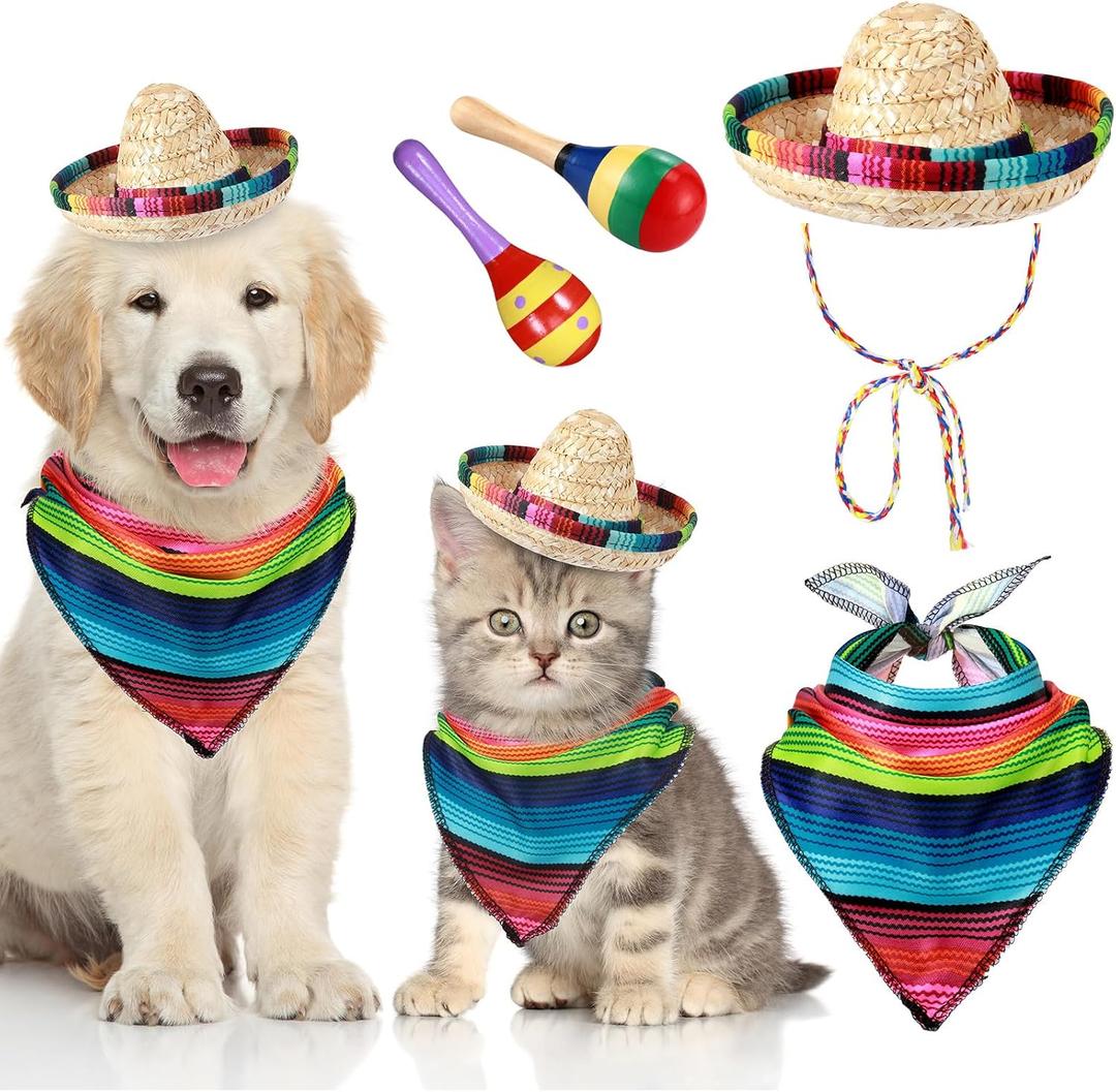 Saintrygo 4 Pcs Dog Sombrero Hat Set for Cinco De Mayo, Pet Mexican Costume with Bandana Scarf and Wooden Maracas, Fiesta Party Accessories for Dogs and Cats