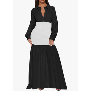 Ekaliy Women's Puff Long Sleeve Shirt Dress Elegant Button Down Loose Swing Party Maxi Dress Black XL