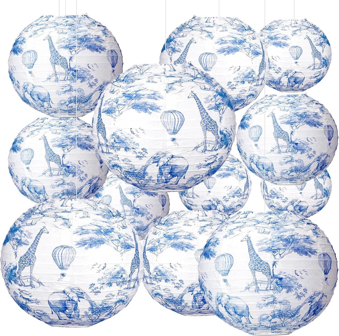 Retisee 12 Pcs 10'' Blue Safari Toile De Jouy Paper Lantern Party Supplies Blue Safari Jungle Theme Paper Lantern for Baby Shower Wedding Birthday Bridal Shower Photoshoot Chinoiserie Party Decoration