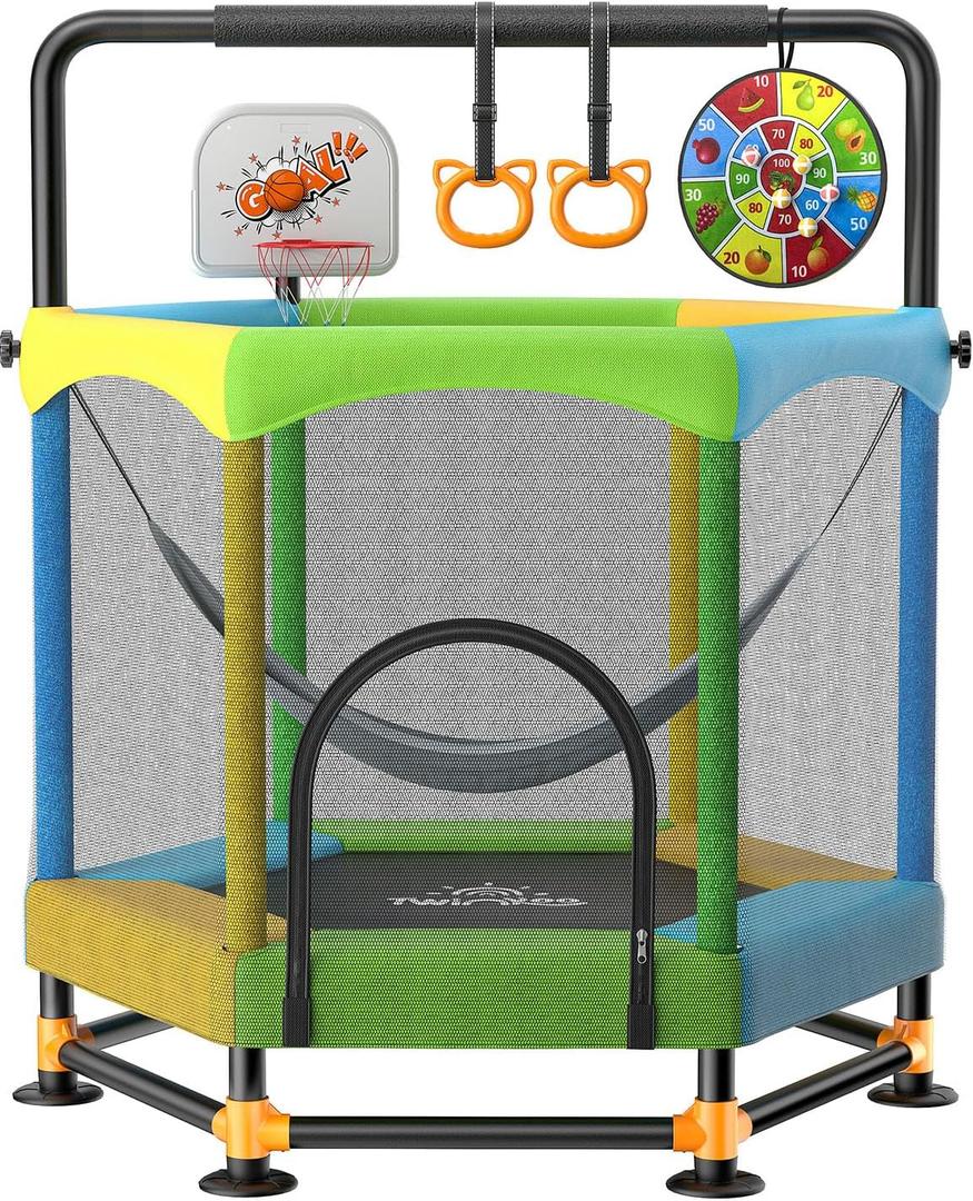 60" Trampoline for Kids, Twinkoo 5FT Fortified Toddler Trampolines with Anti-Rollover Bottom, Indoor/Outdoor Toddler Trampoline with Safety Enclosure, Adjustable Gymnastics Bars, Basketball Hoop (Green+Blue+Yellow)