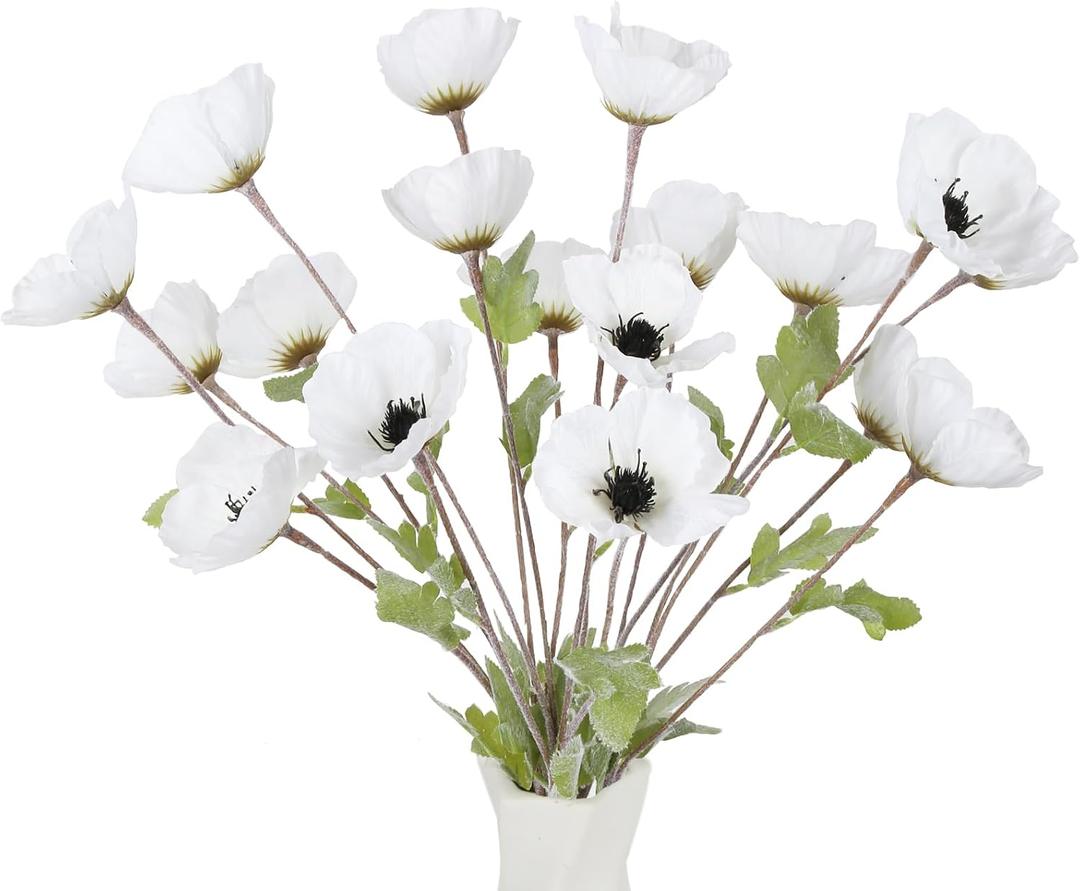 6PCS White Poppy Flowers Artificial 27.5in Faux Poppy Flowers Silk Poppies with Stems for Wedding Bouquet Party Table Centerpiece Arrangement Home Decor(Vintage White)