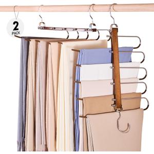 HOUSE DAY Pants Hangers Space Saving, Wood Jean Hangers for Closet, Non Slip Multi functional Pants Rack Hanger Multiuse Pant Organizer For Closet Space Saving Hangers for Pants, Scarfs (2PACK,Walnut)