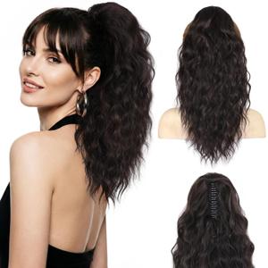 18 Inch Dark Brown Ponytail Extension - Soft Wavy Pony Tails Hair Extensions, Claw Clip Ponytail Extension, Natural Short Hair Extensions Ponytail, Synthetic Hair Pieces for Women (Color: Dark Brown)