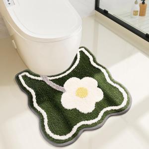 Toilet Bath Rug, U-Shaped Non-Slip Toilet Rug, Flower Rug for Bathroom Floor Soft Plush Microfiber Mat Super Absorbent Washable Bath Shower Mat, 20 x 22 Inches, Green