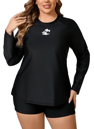 JOYBIK Women Plus Size Long Sleeve Rash Guard Built in Bra Swim Shirt and Shorts with Pockets UPF50+ Two Piece Swimsuit Black, XL