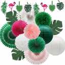 14 Pcs Tropical Party Decorations Set - Pre-Strung Flamingo Banner, Paper Fans, Lanterns & Palm Leaves - Hawaiian Themed Luau Party Decorations for Summer Beach, Pool & Birthday (Green Pink)