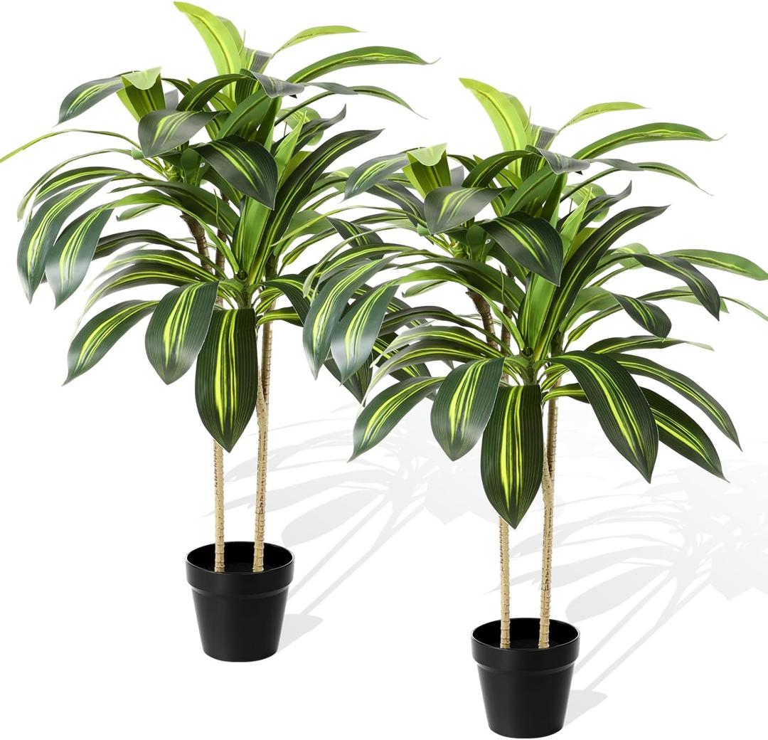 Giegxin 2 Pack Artificial Dracaena Plant Indoor, 4ft Dracaena Silk Plant with Planter, Artificial Fake Floor Tree Pot, Real to Touch Faux Tropical Yucca Trees for Home Office Living Room Decor