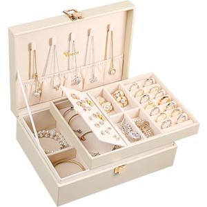 Voova Jewelry Box Organizer for Women Girls, 2 Layer Large Men Jewelry Storage Case, PU Leather Display Jewellery Holder with Removable Tray for Necklace Earrings Rings Bracelets, Vintage Gift,Apricot