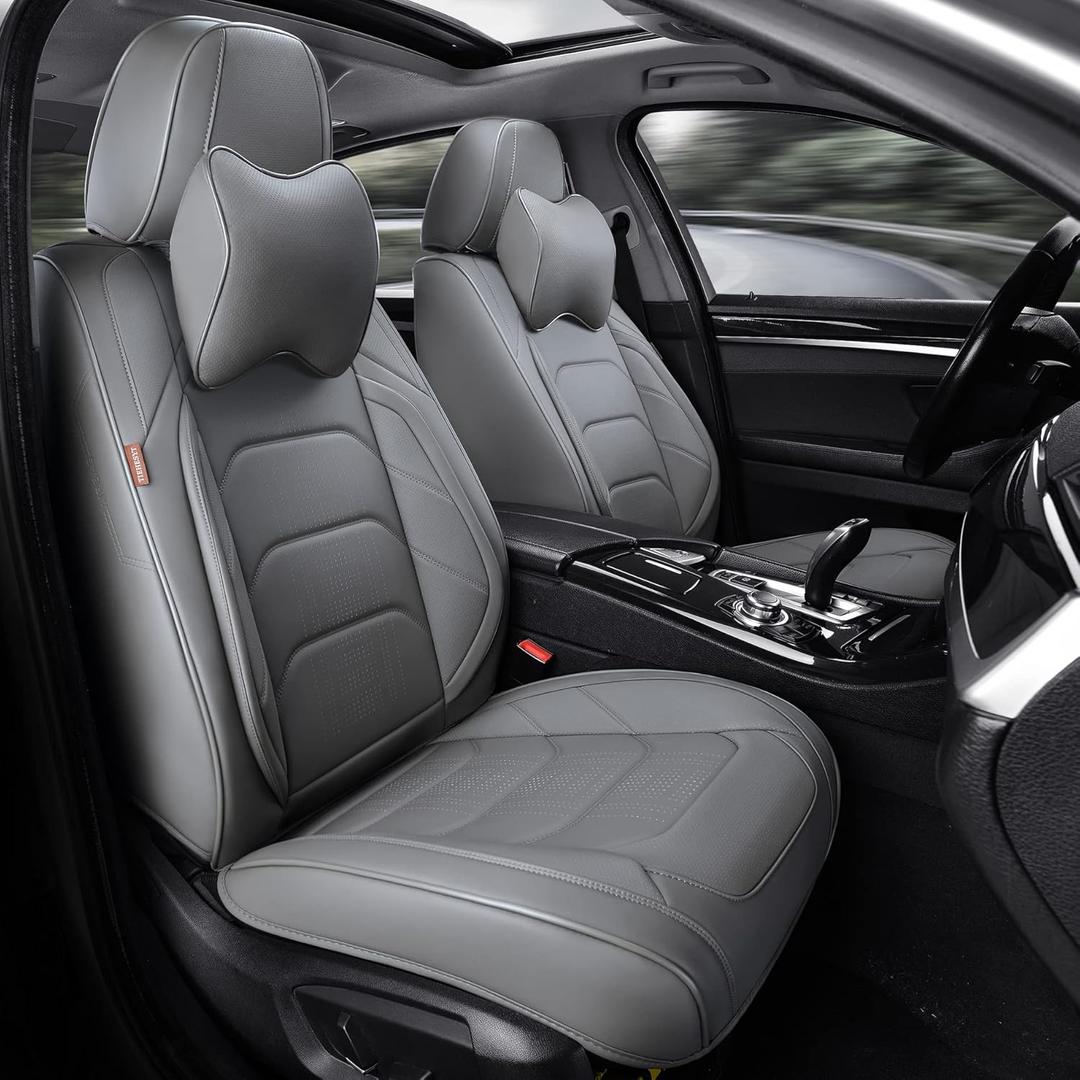 TIEHESYT Grey Car Seat Covers Front Pair, Breathable Leather Automotive Front Seat Covers & Headrest for Reduce The Driving Fatigue, Compatible with Most Cars Sedans SUV Pickup Trucks (Graceful Gray)