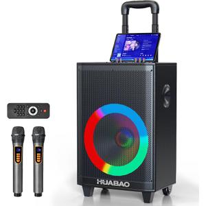 Large Bluetooth Karaoke Speaker with 2 Wireless Microphones, 11 Speaker System with 8800mAh Battery, Trolley PA System with Lights, Remote, FM/AUX/USB/TF, Bass & Treble Adjust, Ideal for Outdoor Party