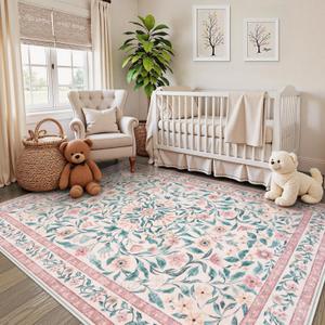Collive Pink 5x7 Floral Area Rug, Machine Washable Rug for Bedroom Girls, Boho Non Slip Soft Ultra Thin Throw Indoor Rugs for Living Room Nursery Kids Playroom Dining Dorm