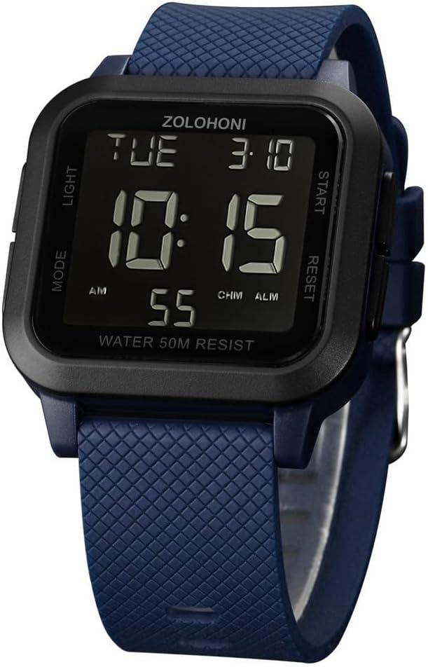 Mens Digital Watch for Men, Stainless Steel Square Watches, Mens Wrist Watches Waterproof Large Face Dual Time Date Watch (Black & Blue Strap)