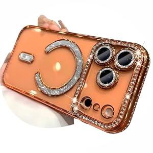 Doulings Magnetic Glitter Diamond for iPhone 15 Plus Case[Compatible with MagSafe] Sparkle Rhinestone Camera Lens Protector Plated, Crtstal Clear Slim Military Drop Shockproof Cover for Women, Orange