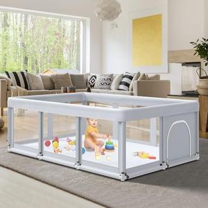 Fshibila 74" ×50" Large Baby Playpen, Baby Playard for Babies and Toddlers, Play Fence Play Pens for Indoor & Outdoor, Sturdy Safety Play Yard with Soft Breathable Mesh, Anti-Fall, Grey