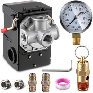 Dreyoo Air Compressor Pressure Switch 90-120 4-Port 20 Amp with 0-200 PSI Gauge, 200 PSI Safety Relief Valve, with Plug & Fitting Kit, 1/4" NPT Replacement Pressure Switch Parts for Air Compressor