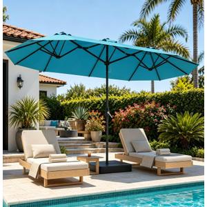 DomeShade 15FT Extra Large Patio Umbrella with Base, Double-Sided Outdoor Rectangular Market Umbrella with Stand,Heavy Duty Outside Sun Umbrella for Backyard,Poolside,Patio Furniture,Teal Blue