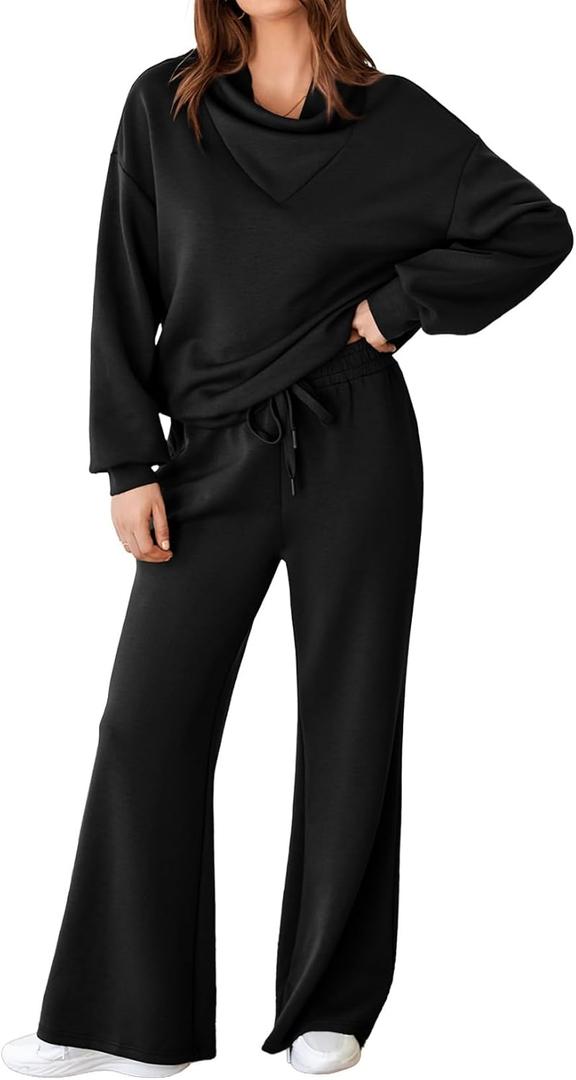 Aleumdr Women's 2 Piece Outfits Lounge Set Mock Neck Long Sleeve Sweatshirt With Wide Leg Pants Sweatsuit Fall 2025 (Black), S