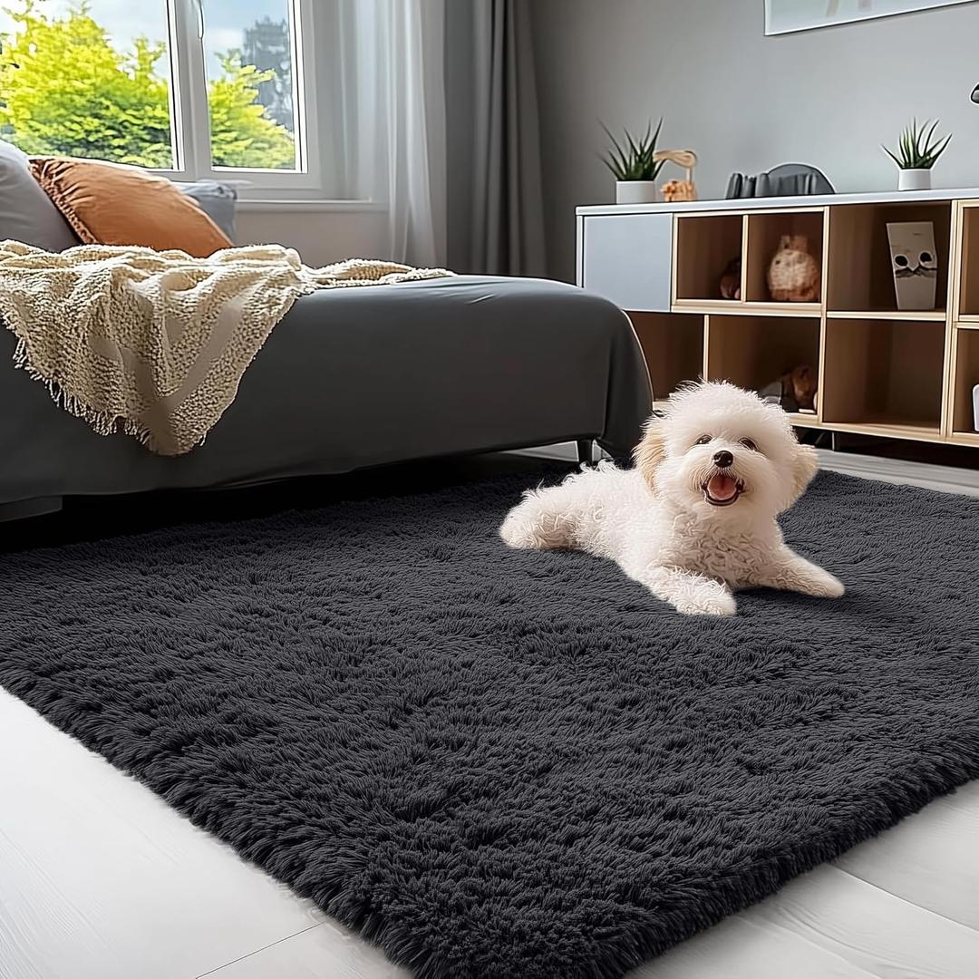 OLANLY 3x5 Machine Washable Small Bedside Rug, Soft Fluffy Shaggy Rugs for Living Room, Bedroom, Indoor Floor Carpet for Kids Girls and Boys, Preppy Dorms, Nursery, Home Decor Aesthetic, Black