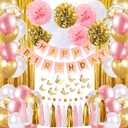 Pink and Gold Birthday Party Decorations for Women with Happy Birthday Banner,Curtains, Butterfly Wall,Circle Dots Garland,Tissue Pompoms,Paper Tassels Garland for Her