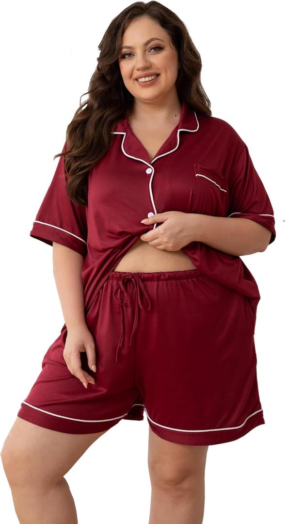 Women Plus Size Pajamas Button Down Short Sleeve Top & Shorts Lounge Sets Outfit Summer Soft Pj Bride Sleepwear (Red, 4XL)