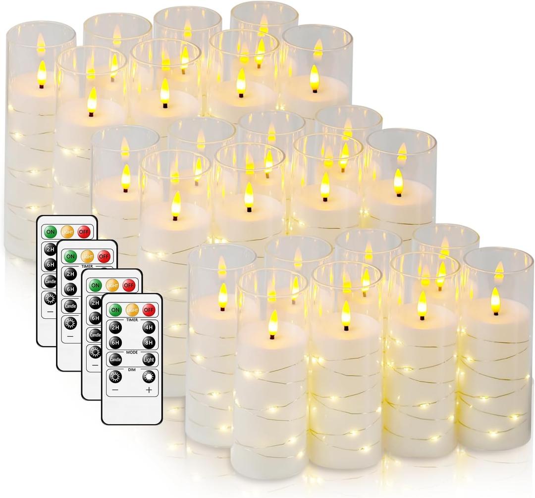 Flameless LED Candles with Timer 24 Pc Flickering Flameless Candles for Romantic Ambiance and Home Decoration Stable Acrylic Shell, with Embedded Star String Battery Operated Candles White