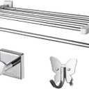 ROSHAN Silver Bathroom Towel Rack with 2 Extra Hooks, Stainless Steel, 3PCS