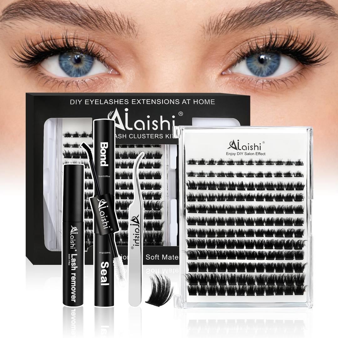 Lash Clusters Kit, DIY 3D Cluster Eyelash Extensions 10‑18mm,144pcs Fluffy D Curl Soft Natural Lashes with Lash Bond and Seal,Tweezers, Remover–Natural Fake Cat Eye Wispy Individual Clusters（151-2-L）