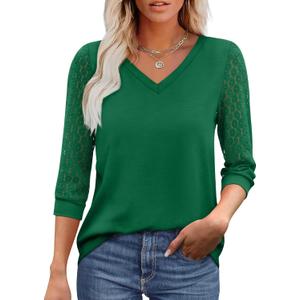 XIEERDUO 3/4 Length Sleeve Womens Tops V-Neck Lace Tunic Tops Business Casual Outfits Work Blouses Dressy 2026 (Medium, Green)