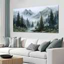 Tarfupth Large Misty Forest Wall Art for Living Room Green Nature Mountain Landscape Canvas Artwork with Trees and River Nature Art for Bedroom Office Home Decor 24x48 Inch (24L" x 48W", White)