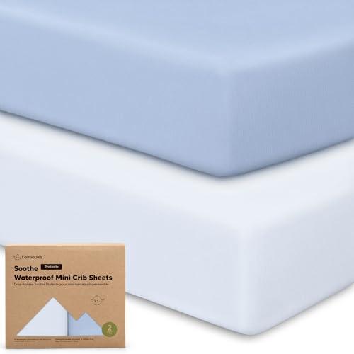 2 Pack and Play Sheets, Waterproof Mini Crib Sheets Fitted - 38x26 Organic Cotton Pack N Play Sheets for Graco Pack and Play Mattress, Playard Baby Crib Sheets,Neutral for Boy,Girl,Toddler(Blue Flax)