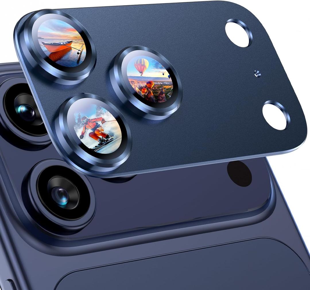 Uyiton Compatible with iPhone 17 Pro Max Camera Lens Protector - [Not Easy to Break][Strong Adsorption][Case-Friendly] Metal Tempered Glass Rear Camera Screen Cover - Deep Blue