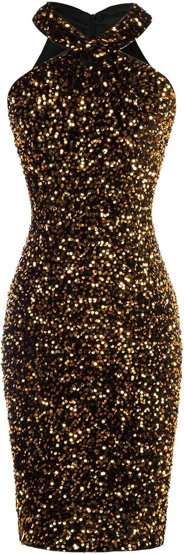 GRACE KARIN Sequin Dress for Women Sleeveless Sparkly Glitter Halter Dress Bodycon Mini Club Dresses 2025, Medium