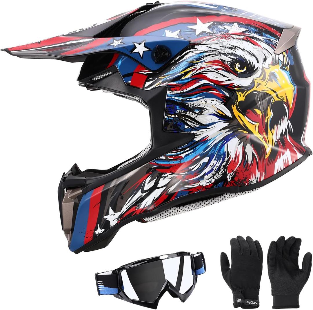 Youth Dirt Bike Helmet for Boys & Girls with Goggles & Gloves for 8-18 Years Old, DOT Certified Kid ATV Helmet Motocross Off Road