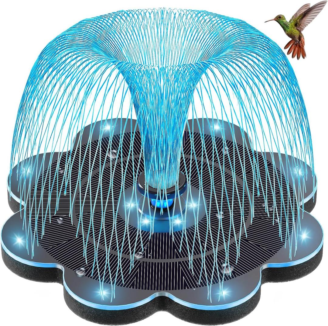 Solar Fountain, 2025 Upgraded Flower Shape 3.5W Solar Water Fountain with 2-Row Colorful LED Lights, 2000mAh Battery, 7 Nozzles, Solar Powered Hummingbird Fountain for Garden, Pool, and Pond