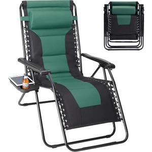 Backyard Expressions Deluxe XL Padded Recliner Zero Gravity Chair – Ergonomic Anti-Gravity Lounger with Folding Design, Side Tray, and Adjustable Headrest