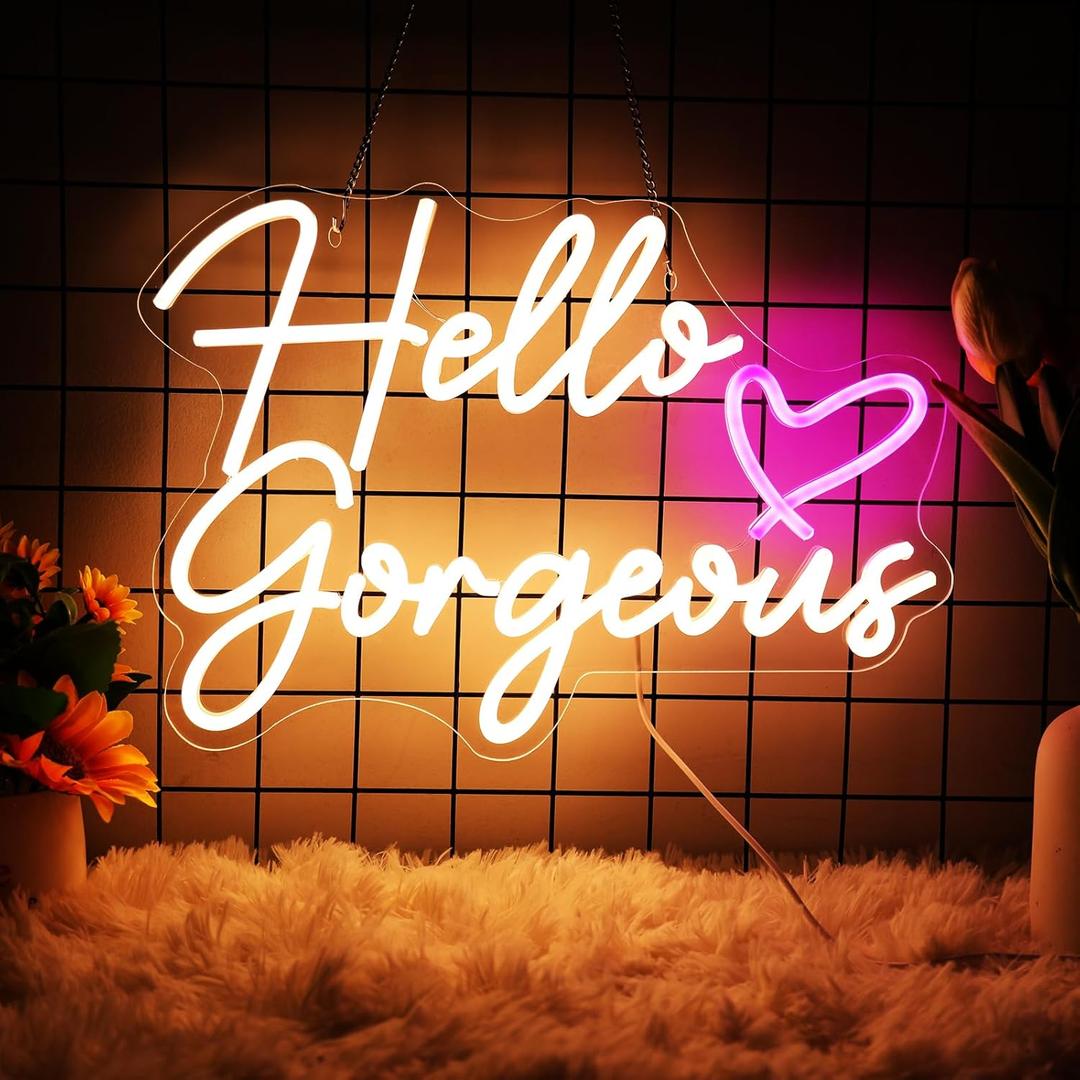 Hello Gorgeous Neon Signs Light for Wall Decor, LED Neon Lights for Home Birthday Backdrop Bacelorette Party Wth Dimmable Switch 22'' (Warm White+Pink Heart)