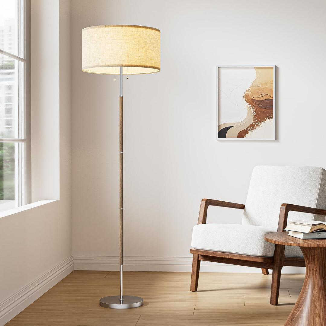 2-Light Floor Lamp, Mid Century Floor Lamp with Beige Lampshade, Standing Lamp Tall Lamp for Living Room Bedroom, 3 Color Temperatures 9W Bulb Include (Nickel Silver & Beige)