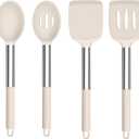 TeamFar Kitchen Utensils, 4 PCS Silicone Cooking Utensils Spatula Spoon Set with Stainless Steel Handle, for Frying Mixing Draining Turning, Healthy & Heat-proof, Non-stick & Dishwasher Safe - Khaki