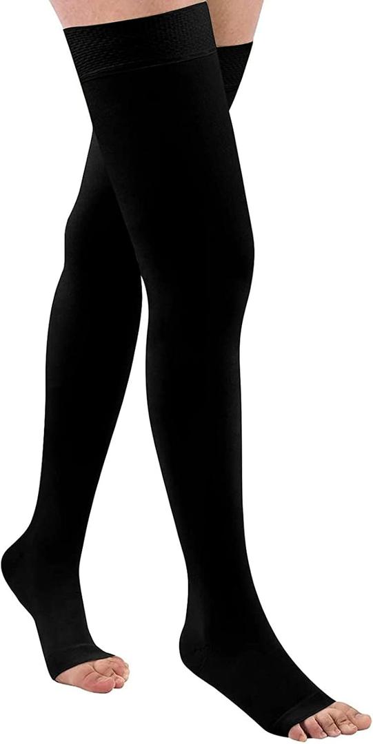 Thigh High 20-32 mmHg Compression Stocking Toeless Compression Socks for women & men circulation with Silicone Dot Band (Medium (1 Pair), Black)