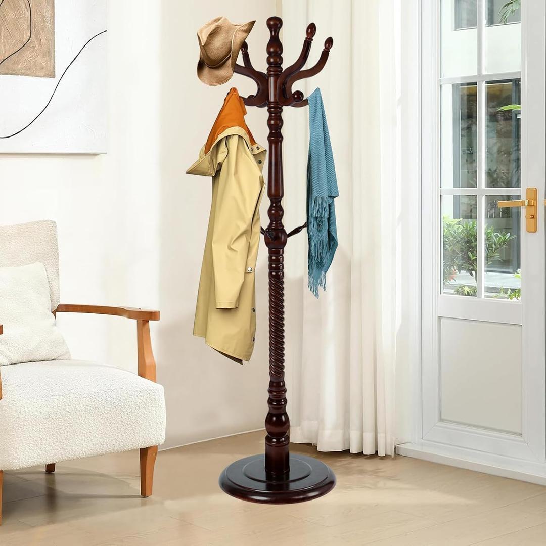 Wood Coat Rack Freestanding, Natural Coats Tree Stand with 14 Hooks, 73" Sturdy and Easy Assembly Coat Rack Stand for Entryway, Hallway, Bedroom, Bags, Hats (Heavy-duty Disc Base, Walnut Color)