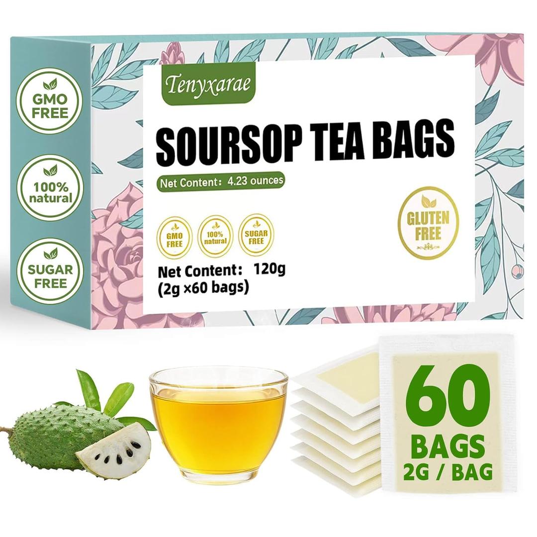 Soursop Tea Bags, 60 Teabags, 2g/Bag, Made with Soursop Leaves. Caffeine-Free | Sugar-Free | Gluten-Free | Vegan. Eco-Friendly Tea Bags (EXP 05/30/27)