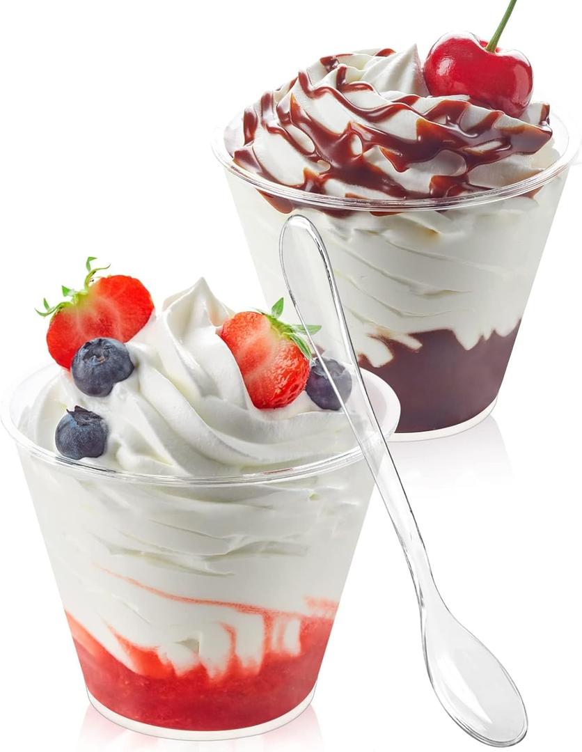 50 Pack 5 oz Plastic Dessert Cups with Spoons, Mini Mousse Cup Round Pudding Cups Party Serving Bowl for Cocktails Appetizers Fruit Parfait and Trifle