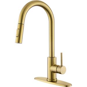 Tohlar Gold Kitchen Faucet with Pull Down Sprayer, Gold Kitchen Sink Faucet for 1 or 3 Hole, Modern Stainless Steel Sink Faucet with Deck Plate for Farmhouse Laundry Rv, Brushed Gold