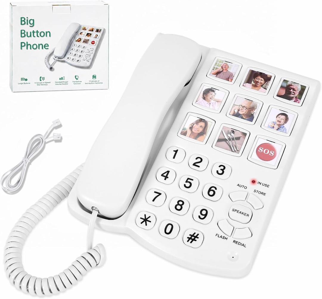 Corded Landline Phones for Seniors - Memory Phone for Dementia/Alzheimers, 9 Big Picture Buttons & One-Click Dialing - Hands-Free Calling, 110dB Loud Ringer - for Visual Hearing & Memory Impairments