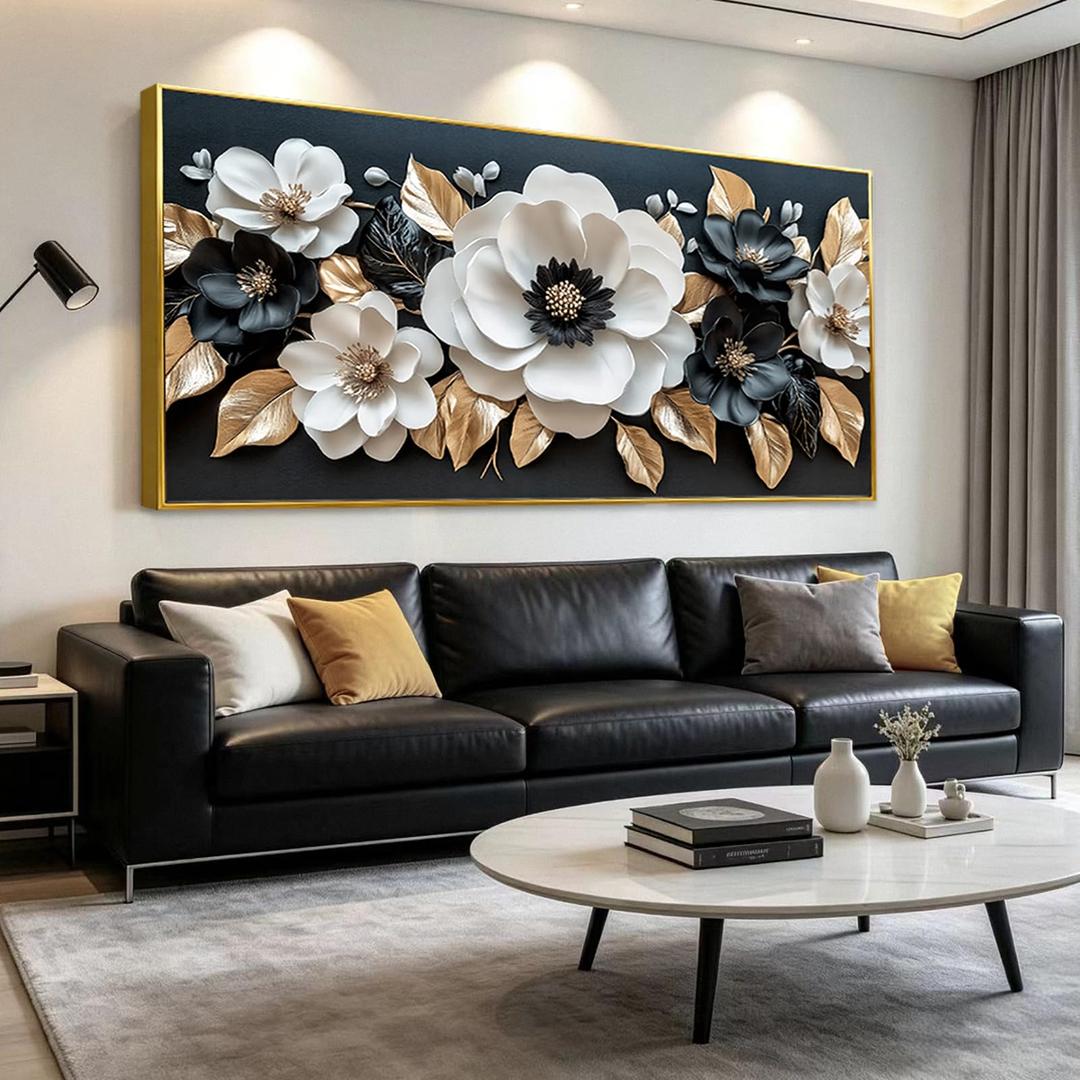 Phahey Large Canvas Art with Wide Frame and Hanging Hooks, Soft Light Blue Floral White Leaf Art, 28.7x57.4 inches