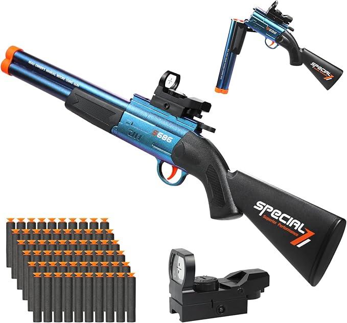 Bugrtey Toy Gun Double Barrel Shotgun Toy, Gun Toys with 60 Soft Bullet Darts, Toy Foam Blaster Foam Dart Blaster with Scope Christmas Halloween Birthday Gifts