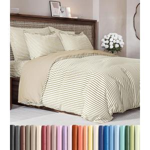 Duvet Cover Queen Size Set - Extra Soft Queen Size Duvet Cover 90 x 90 with 2 Pillow Shams - Hotel Luxury Easy Care & Fade Free w/Zipper Closures & Ties - Comfy Breathable Bedding Set (Beige Stripes)