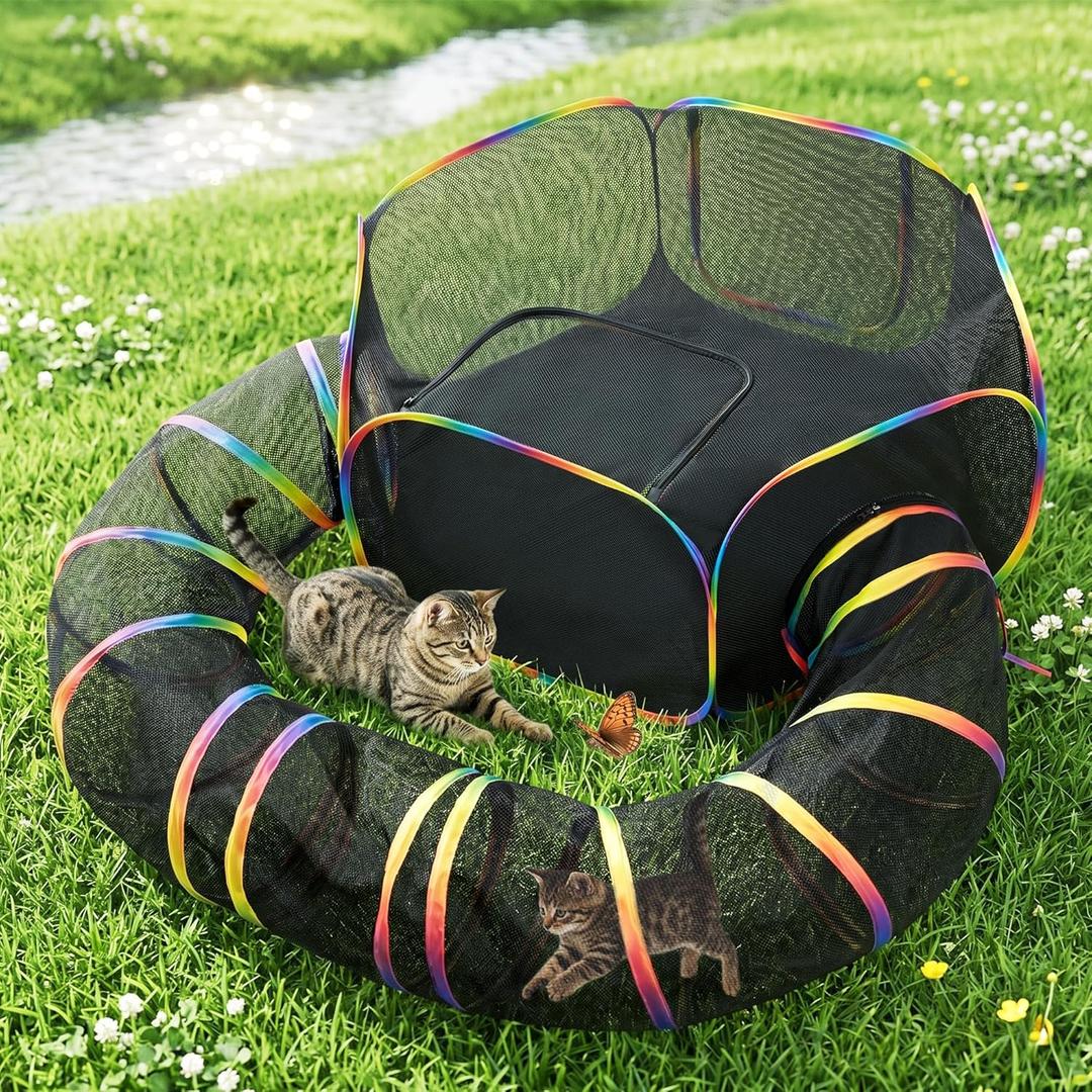 Love's cabin Outdoor Cat Enclosures Rainbow, Foldable Catio Outdoor Cat Enclosure Playground Include Portable Tent, Circle Kitten Playpen Tunnel, Outside House for Indoor Kitty and Small Animals
